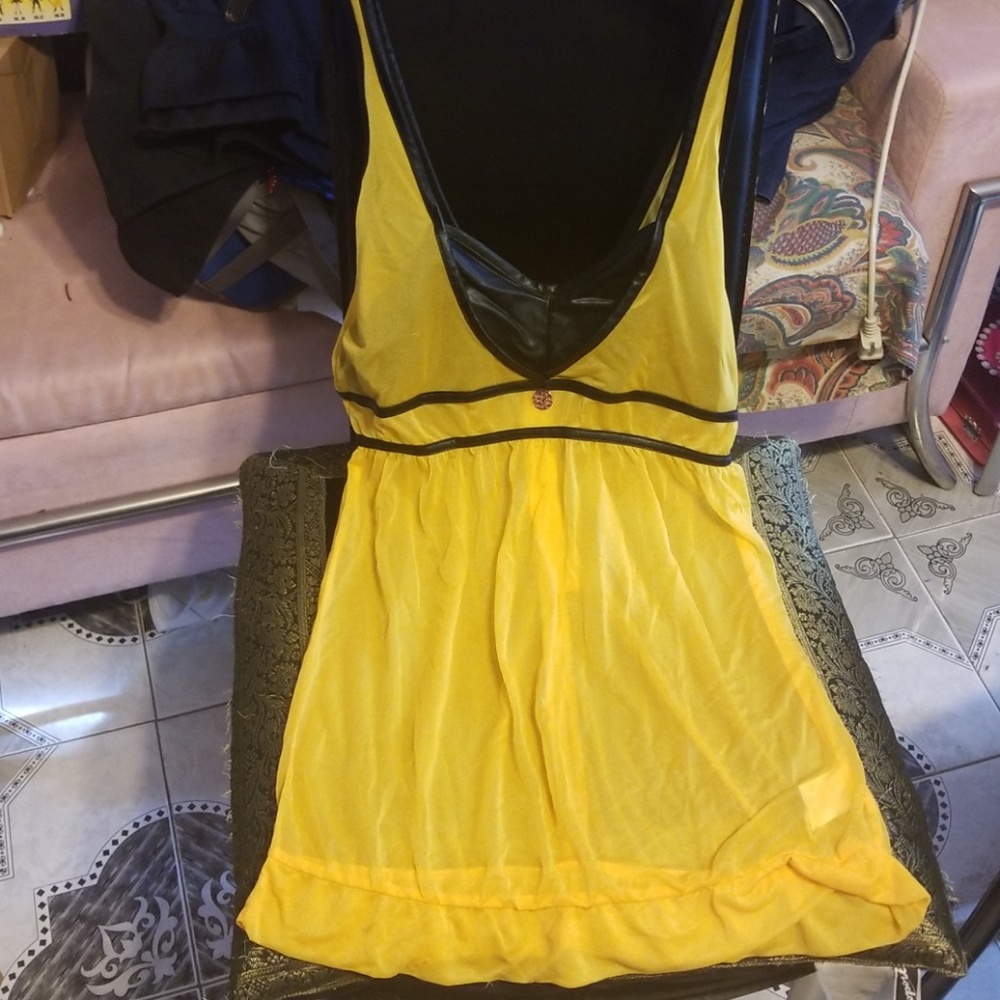 Sean John Faux Leather Trim Sheer Yellow Babydoll L NWT